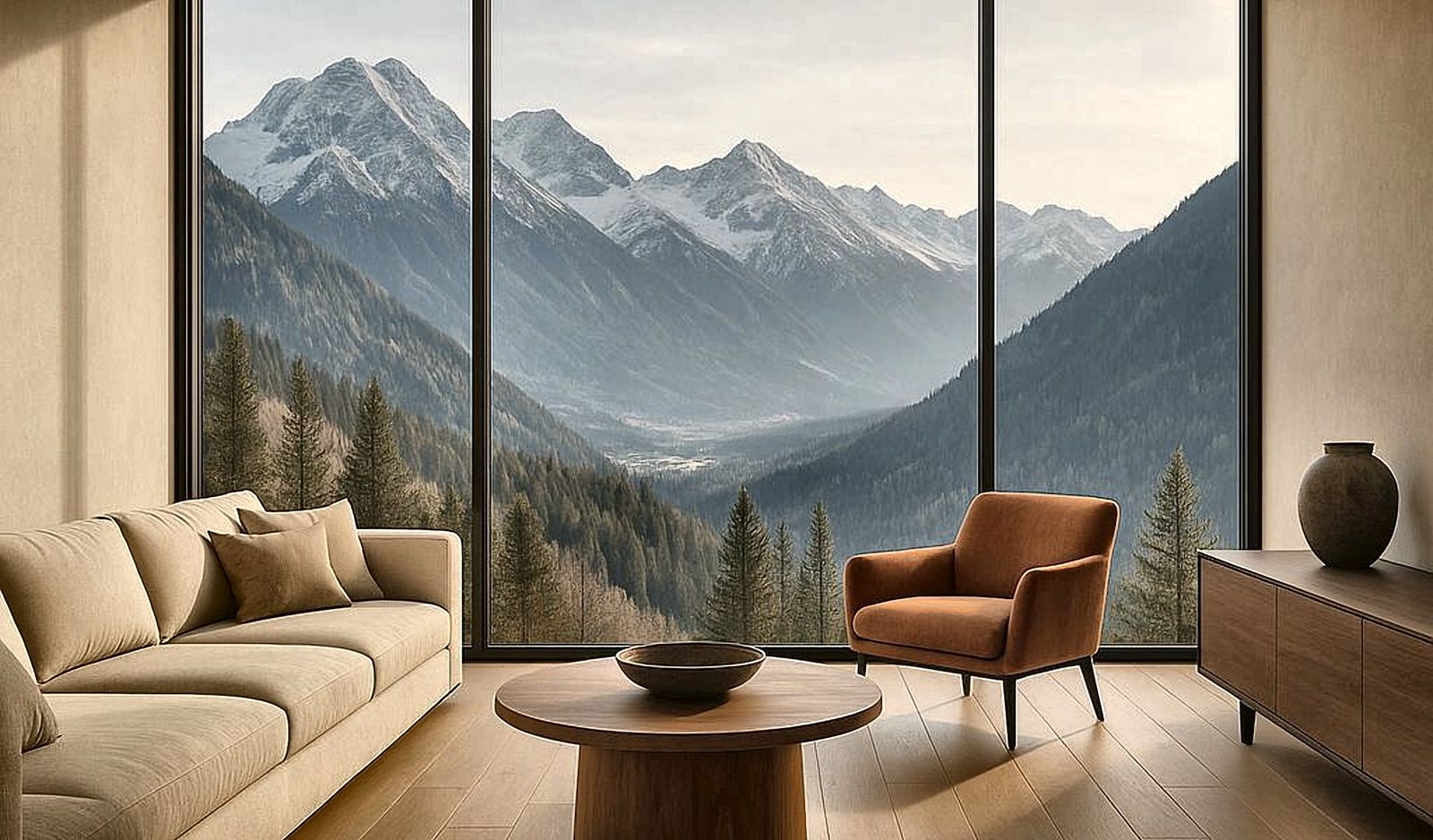 Baie vitrée aluminium grand format ouvrant sur un paysage de montagne